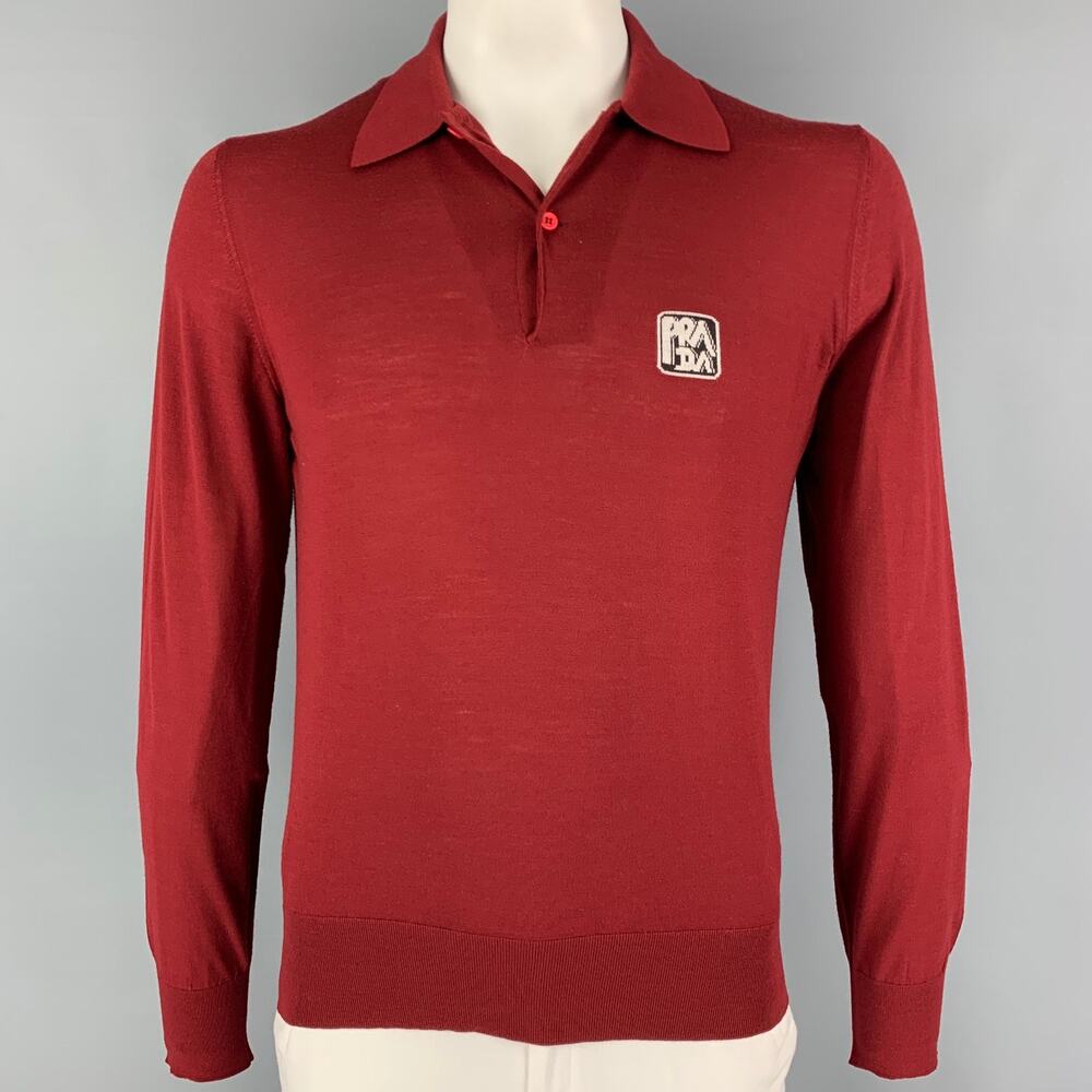 PRADA Size L Burgundy Knitted Wool Polo Pullover